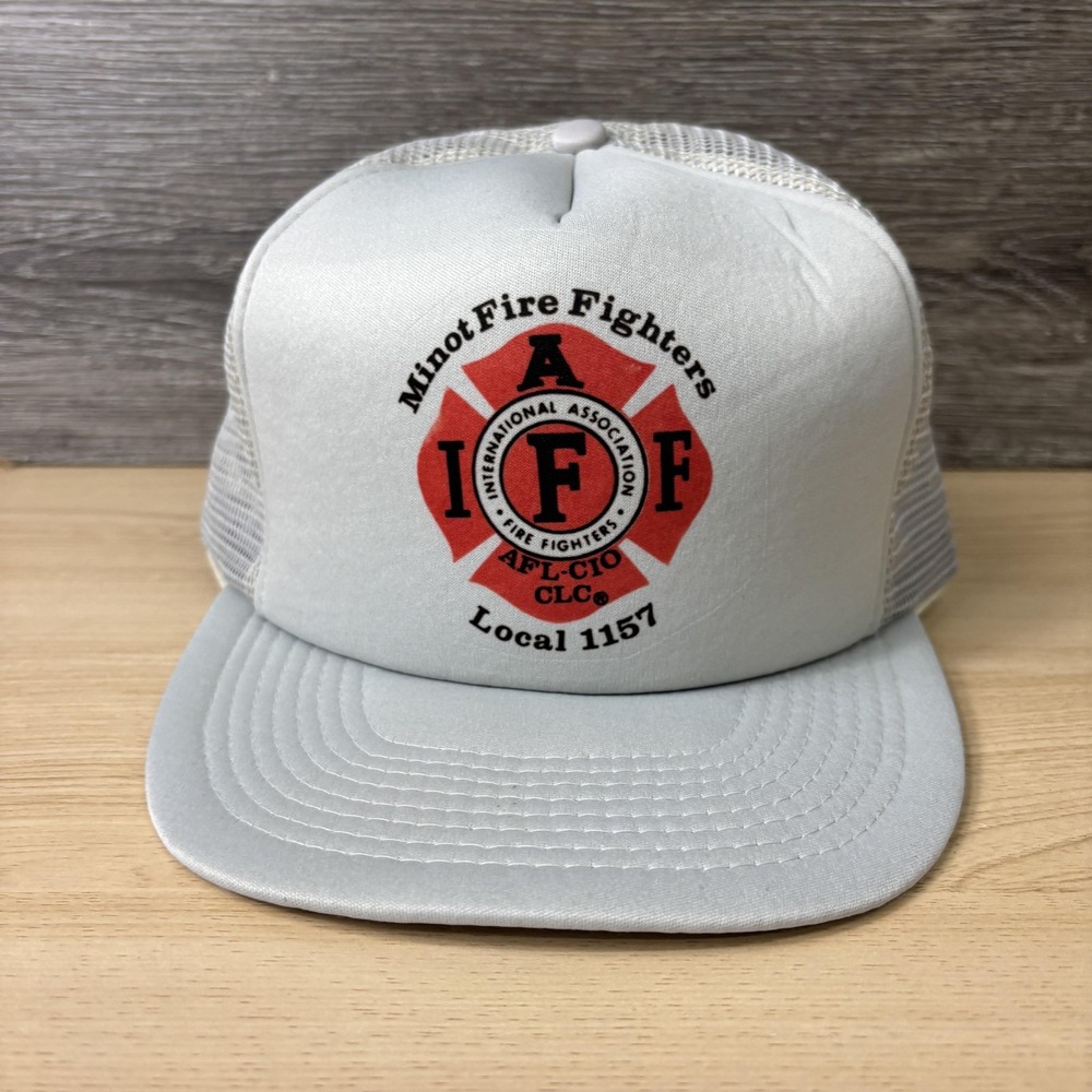 Vintage Minot Fire Fighters IAFF Hat Cap Snap Back Trucker Mens Local 1157 90s